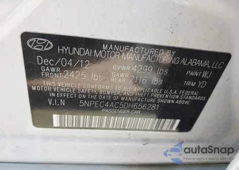 2013 Hyundai Sonata Limited из США, поврежденный, VIN 5NPEC4AC5DH656281